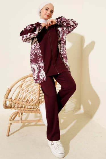 Karışık Desenli Fermuarlı İkili Takım Bordo - İkili Takım