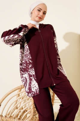 Karışık Desenli Fermuarlı İkili Takım Bordo - İkili Takım
