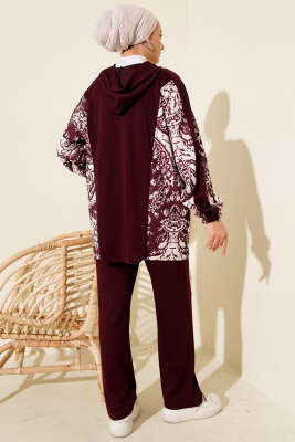 Karışık Desenli Fermuarlı İkili Takım Bordo - İkili Takım