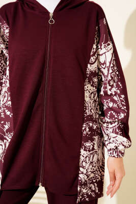 Karışık Desenli Fermuarlı İkili Takım Bordo - İkili Takım