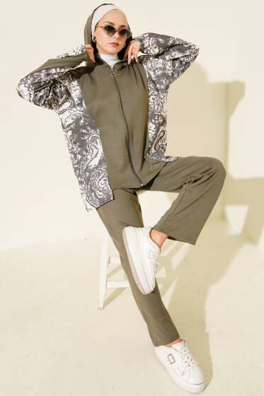 Karışık Desenli Fermuarlı İkili Takım Haki - İkili Takım