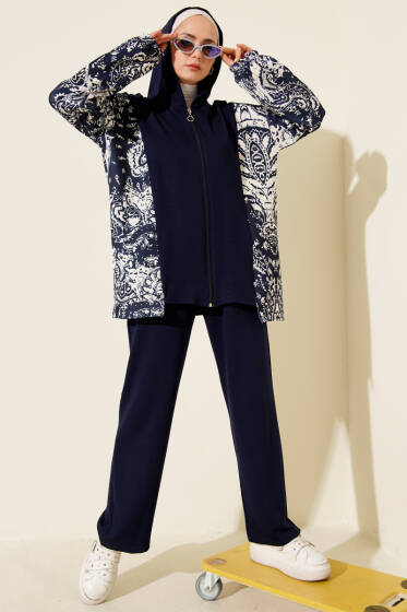 Karışık Desenli Fermuarlı İkili Takım Lacivert - İkili Takım