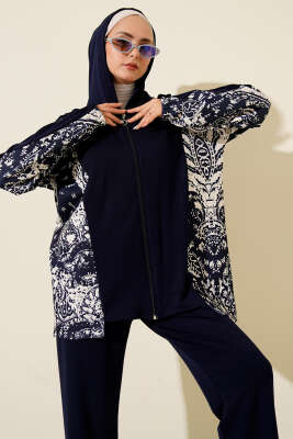 Karışık Desenli Fermuarlı İkili Takım Lacivert - İkili Takım