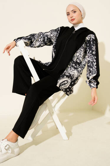 Karışık Desenli Fermuarlı İkili Takım Siyah - İkili Takım