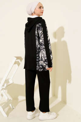 Karışık Desenli Fermuarlı İkili Takım Siyah - İkili Takım