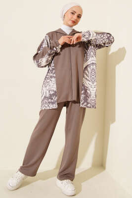 Karışık Desenli Fermuarlı İkili Takım Vizon - HBS