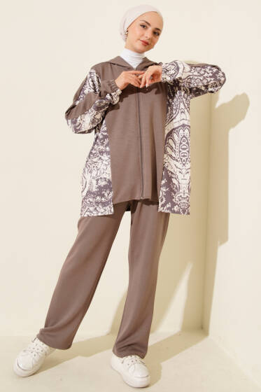 Karışık Desenli Fermuarlı İkili Takım Vizon - İkili Takım