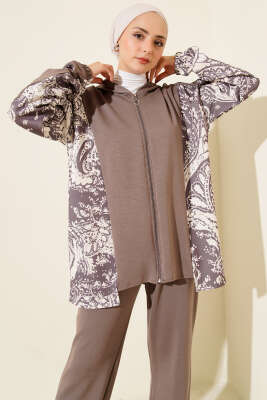 Karışık Desenli Fermuarlı İkili Takım Vizon - İkili Takım