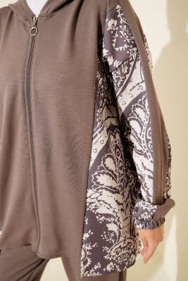 Karışık Desenli Fermuarlı İkili Takım Vizon - İkili Takım