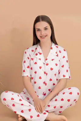 Karışık Desenli Gömlek Yaka Pijama Takımı Beyaz 