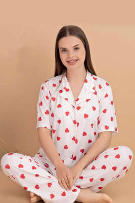 Karışık Desenli Gömlek Yaka Pijama Takımı Beyaz - Pijama