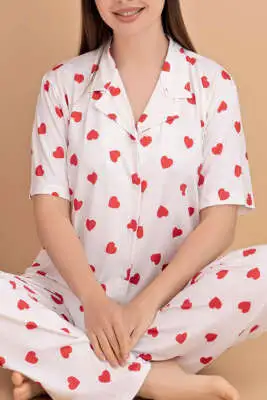 Karışık Desenli Gömlek Yaka Pijama Takımı Beyaz - Pijama