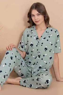Karışık Desenli Gömlek Yaka Pijama Takımı Çağla Yeşili - Kadın Pijama Takımı