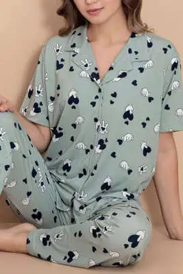 Karışık Desenli Gömlek Yaka Pijama Takımı Çağla Yeşili - Kadın Pijama Takımı