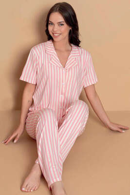 Karışık Desenli Gömlek Yaka Pijama Takımı Çizgili Pembe 