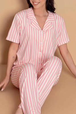Karışık Desenli Gömlek Yaka Pijama Takımı Çizgili Pembe - Pijama