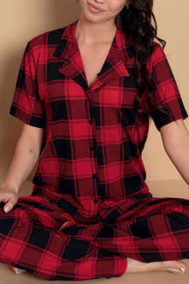 Karışık Desenli Gömlek Yaka Pijama Takımı Kırmızı - Kadın Pijama Takımı