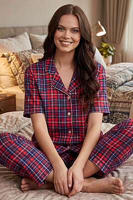 Karışık Desenli Gömlek Yaka Pijama Takımı Kırmızı Lacivert - MANOLYA