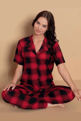 Karışık Desenli Gömlek Yaka Pijama Takımı Kırmızı 