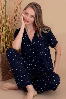 Karışık Desenli Gömlek Yaka Pijama Takımı Lacivert - Pijama