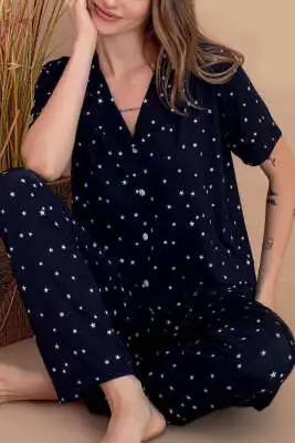 Karışık Desenli Gömlek Yaka Pijama Takımı Lacivert - Pijama