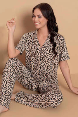 Karışık Desenli Gömlek Yaka Pijama Takımı Latte 
