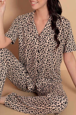 Karışık Desenli Gömlek Yaka Pijama Takımı Latte - Kadın Pijama Takımı
