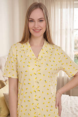 Karışık Desenli Gömlek Yaka Pijama Takımı Limon - Başörtüsü