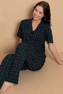 Karışık Desenli Gömlek Yaka Pijama Takımı Zümrüt 