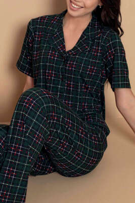 Karışık Desenli Gömlek Yaka Pijama Takımı Zümrüt - Pijama