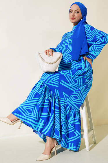 Karışık Desenli Kat Elbise Saks - Elbise