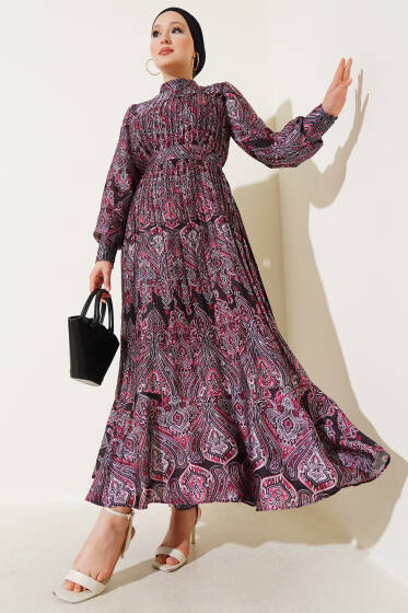 Karışık Desenli Kuşaklı Elbise Siyah - Elbise