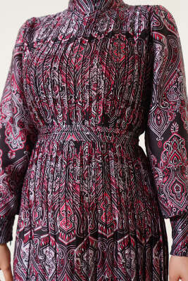 Karışık Desenli Kuşaklı Elbise Siyah - Tesettür Elbise