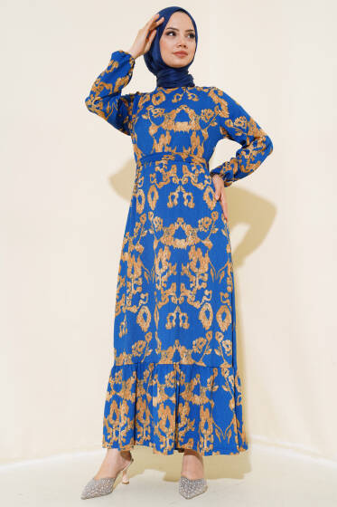Karışık Desenli Kuşaklı Bürümcük Elbise İndigo - Elbise