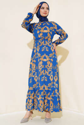 Karışık Desenli Kuşaklı Bürümcük Elbise İndigo - Tesettür Elbise