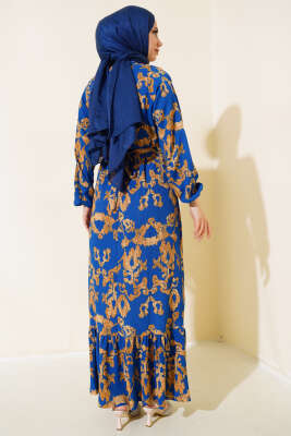 Karışık Desenli Kuşaklı Bürümcük Elbise İndigo - Tesettür Elbise