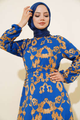 Karışık Desenli Kuşaklı Bürümcük Elbise İndigo - Tesettür Elbise