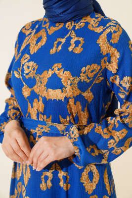 Karışık Desenli Kuşaklı Bürümcük Elbise İndigo - Tesettür Elbise