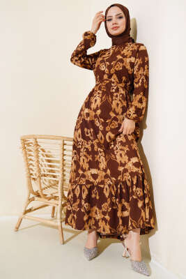 Karışık Desenli Kuşaklı Bürümcük Elbise Kahve - Tesettür Elbise