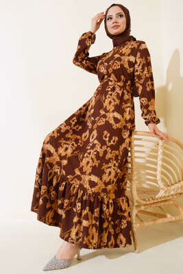 Karışık Desenli Kuşaklı Bürümcük Elbise Kahve 