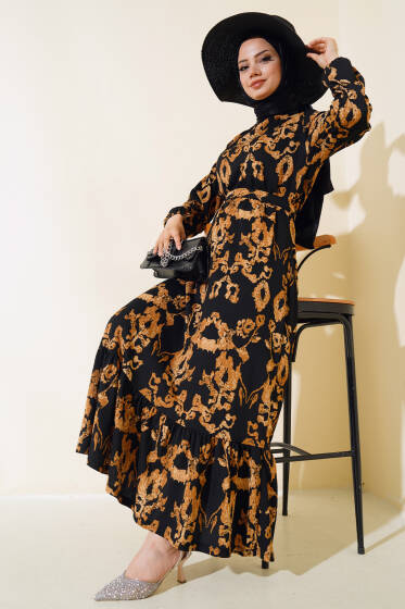 Karışık Desenli Kuşaklı Bürümcük Elbise Siyah - Elbise