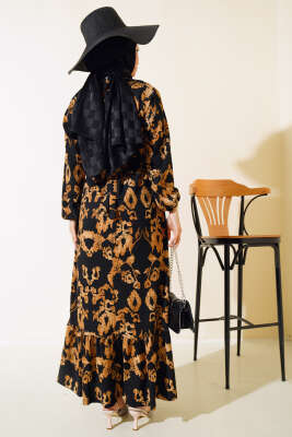 Karışık Desenli Kuşaklı Bürümcük Elbise Siyah - Tesettür Elbise