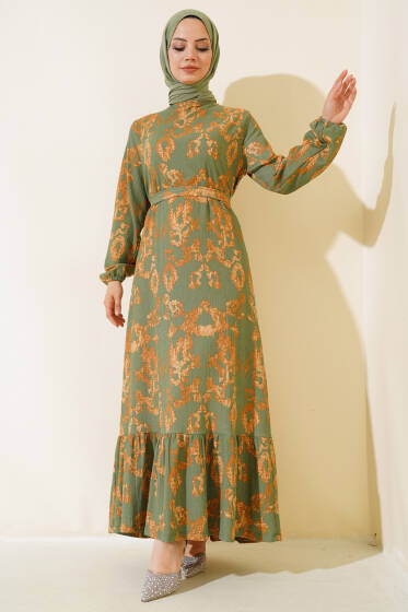 Karışık Desenli Kuşaklı Bürümcük Elbise Yeşil - Elbise