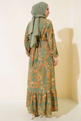 Karışık Desenli Kuşaklı Bürümcük Elbise Yeşil - Tesettür Elbise