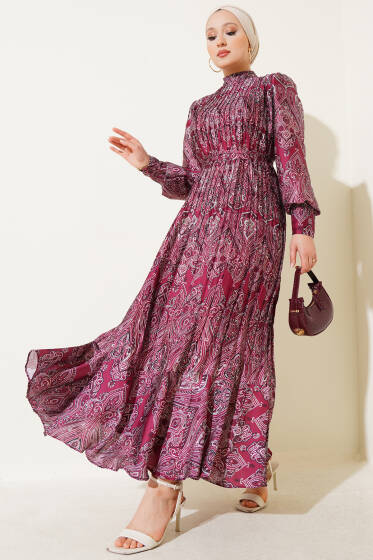 Karışık Desenli Kuşaklı Elbise Bordo - Elbise
