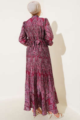 Karışık Desenli Kuşaklı Elbise Bordo - Tesettür Elbise