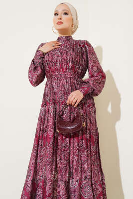 Karışık Desenli Kuşaklı Elbise Bordo - Tesettür Elbise