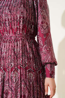 Karışık Desenli Kuşaklı Elbise Bordo - Tesettür Elbise