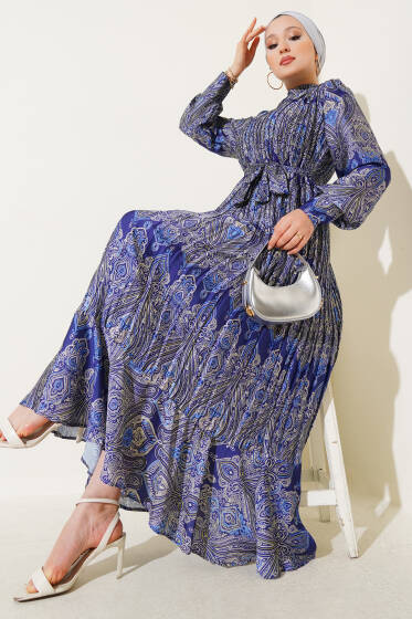 Karışık Desenli Kuşaklı Elbise Lacivert - Elbise