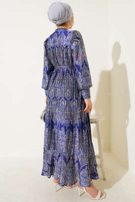 Karışık Desenli Kuşaklı Elbise Lacivert - Tesettür Elbise